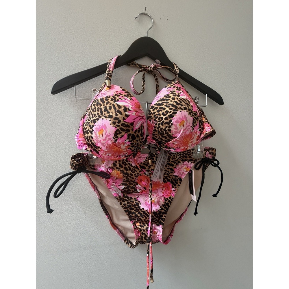 NWT Victoria Secret 38C XXL Fabulous String Cheetah Peony Swimsuit Bikini Bright